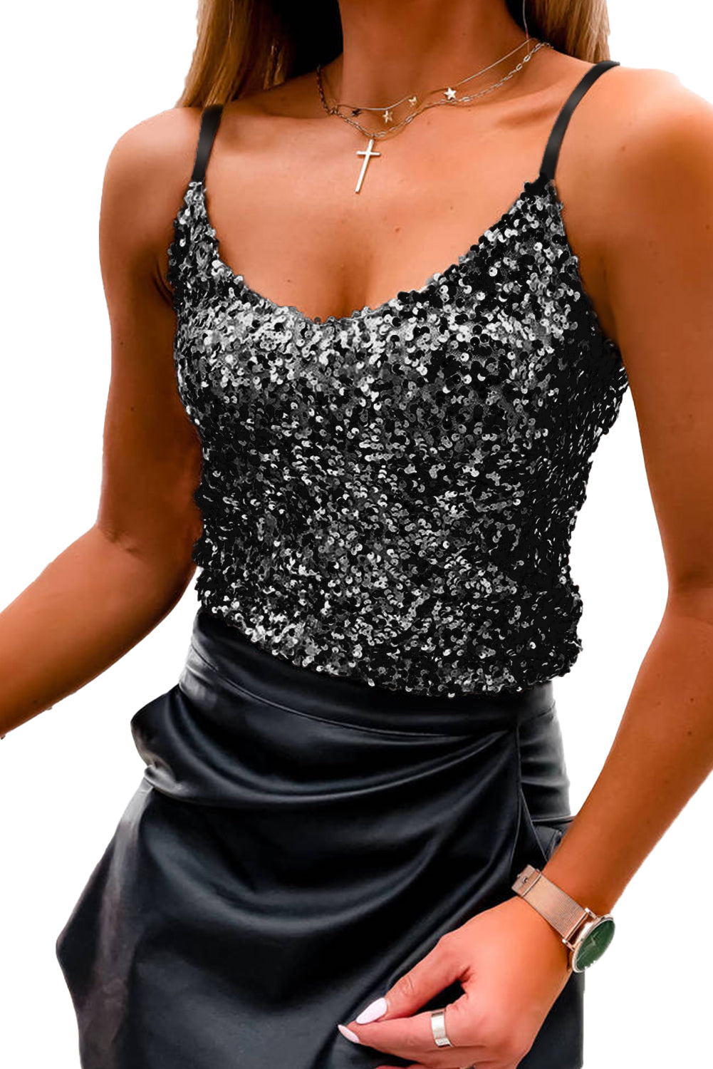 Black Sequined Adjustable Spaghetti Straps Tank Top