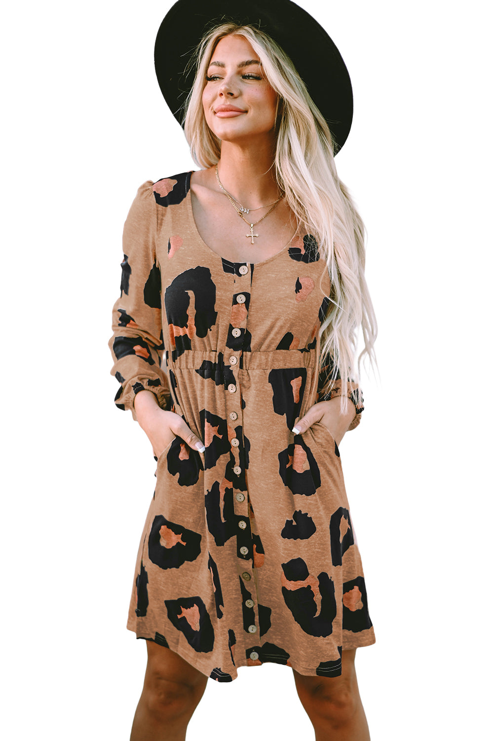 Ohlapna pletena obleka z leopardjim potiskom spredaj z mehurčastimi rokavi