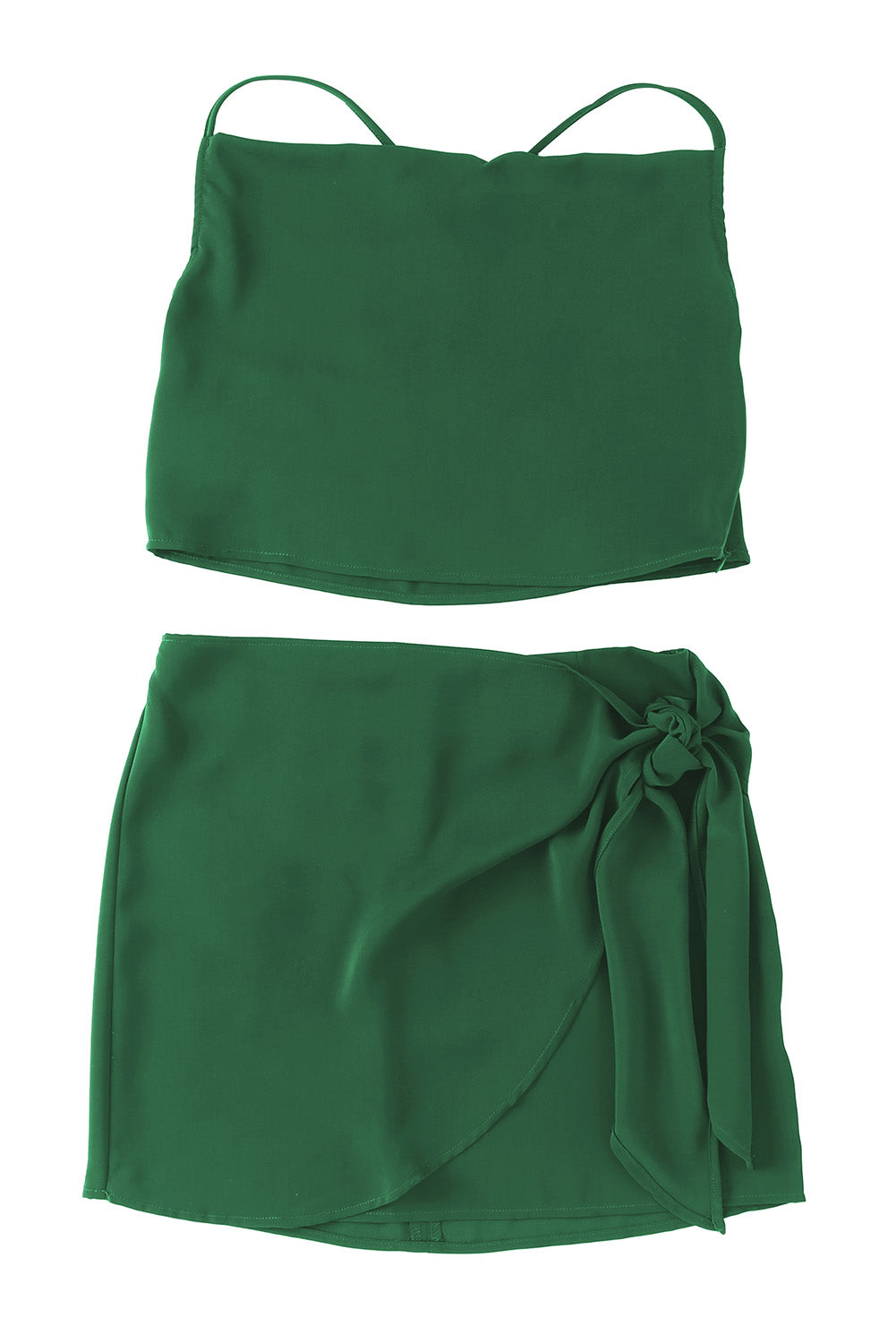 Set top corto drappeggiato verde e gonna a portafoglio