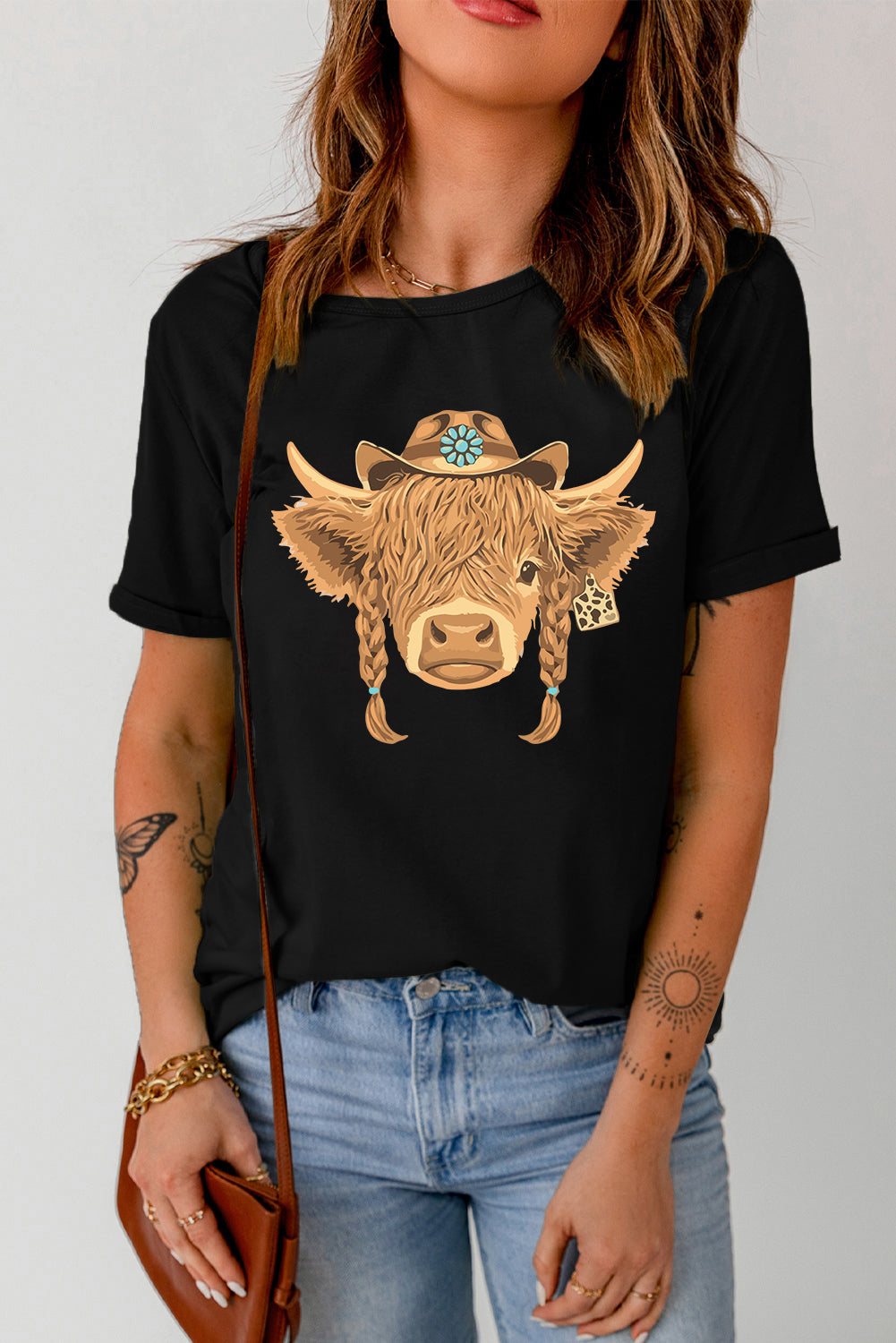 T-shirt in cotone moda grafica nera Western Heifer