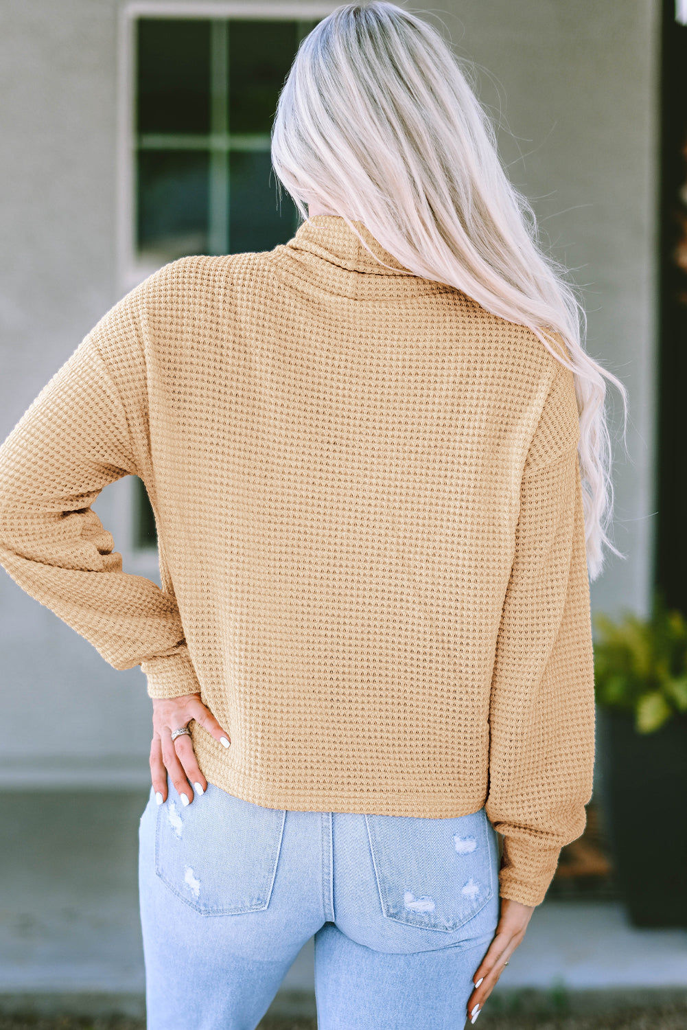 Apricot Solid Waffle Knit Turtleneck Long Sleeve Top
