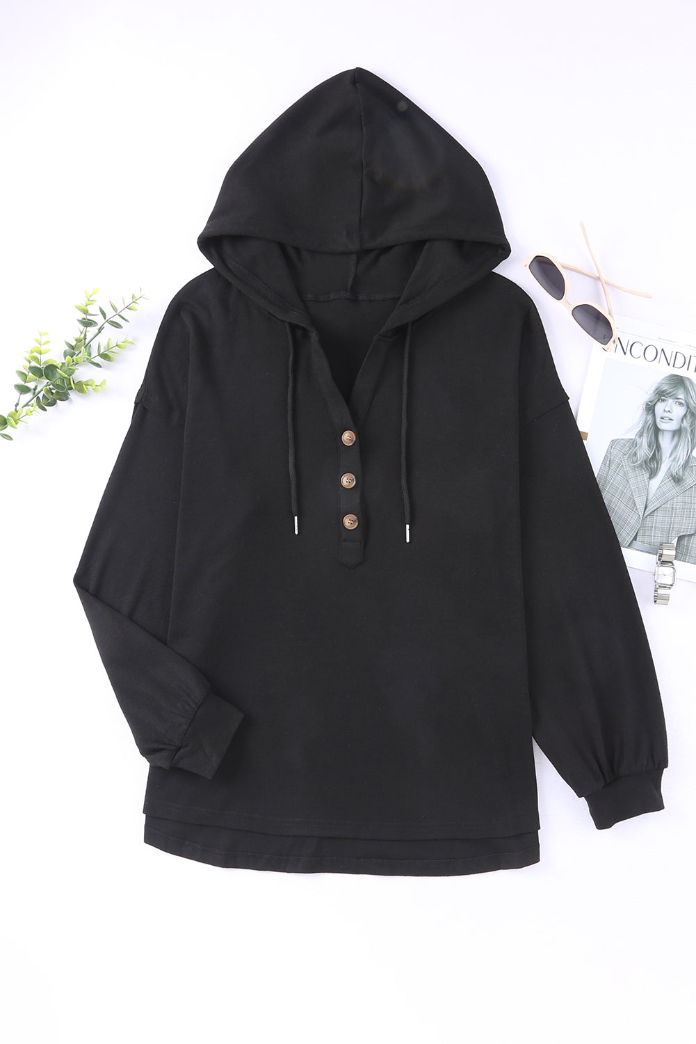 Black Buttoned High and Low Hem Hoodie