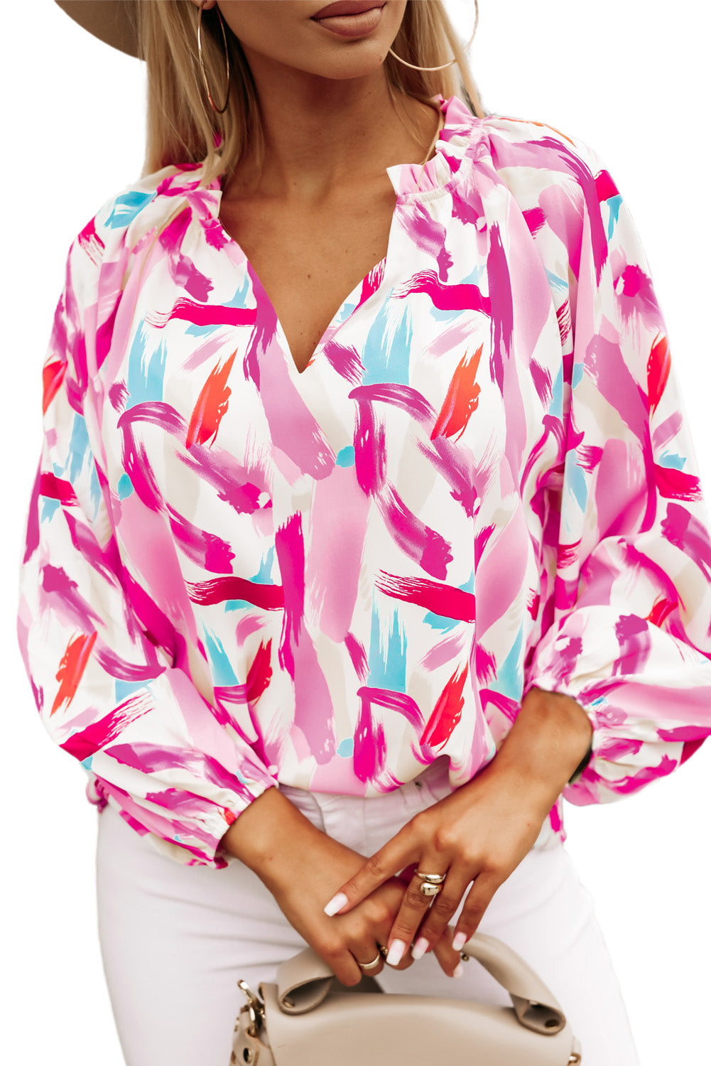 Roza abstraktna ohlapna bluza s čopičem