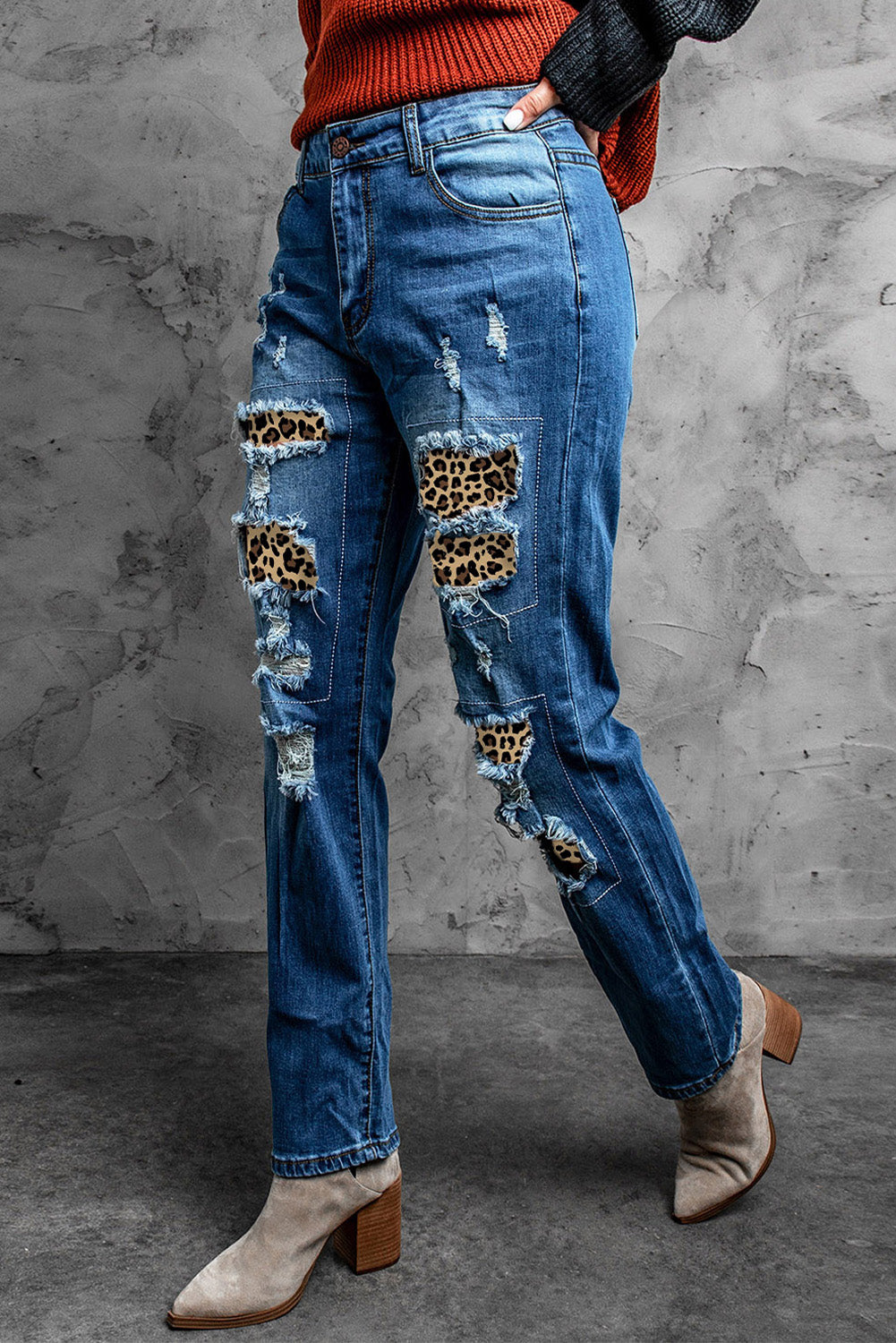 Distressed Leopard Patchwork Straight Leg Jeans