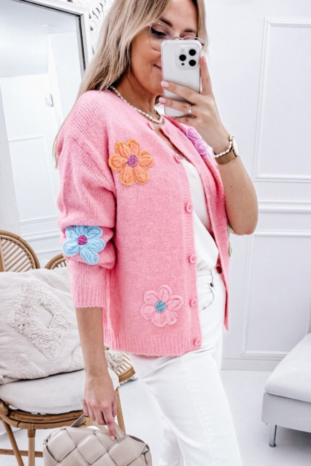 Cardigan boutonné rose à motif floral tricoté mignon