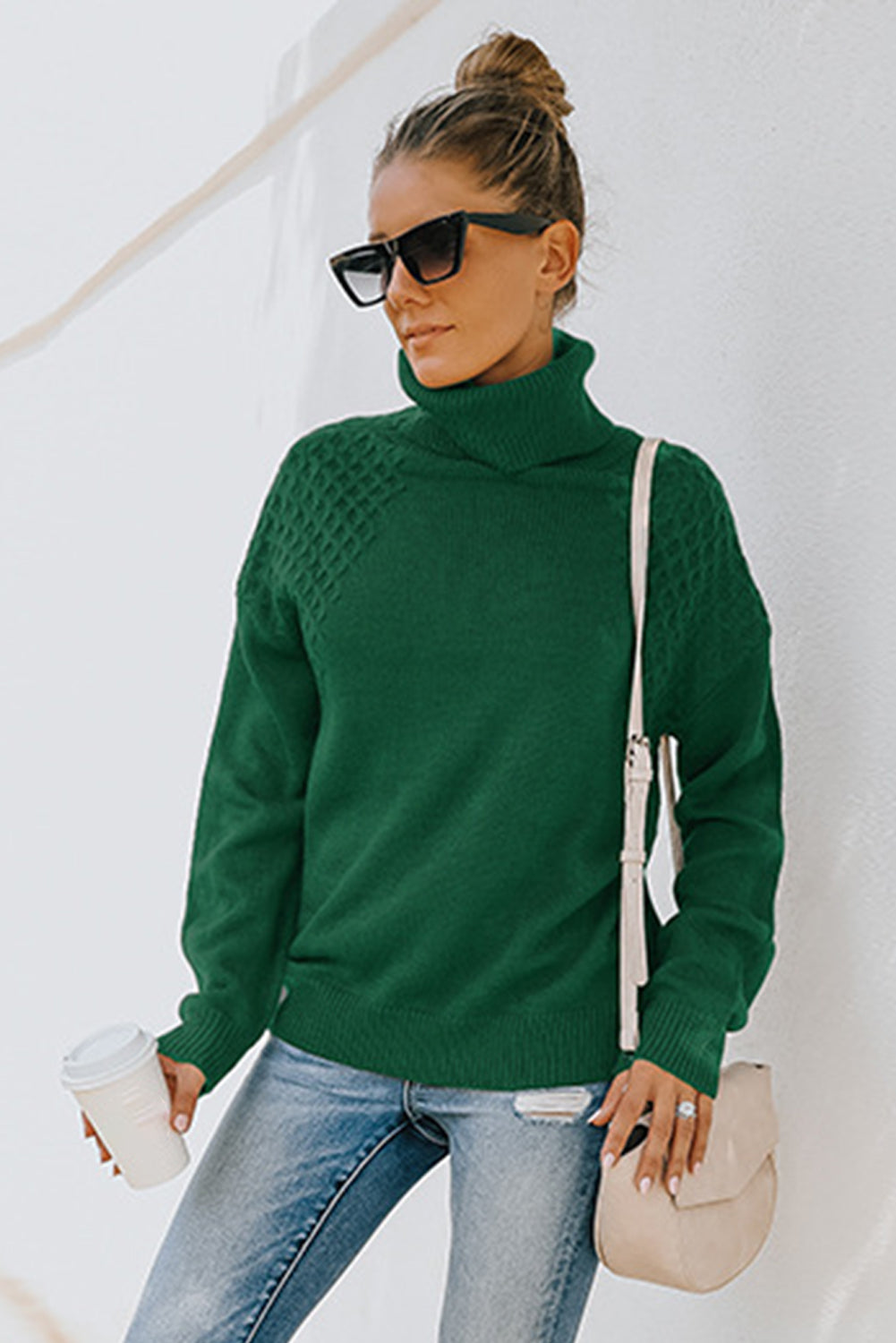 Green Turtleneck Knitted Pullover Sweater