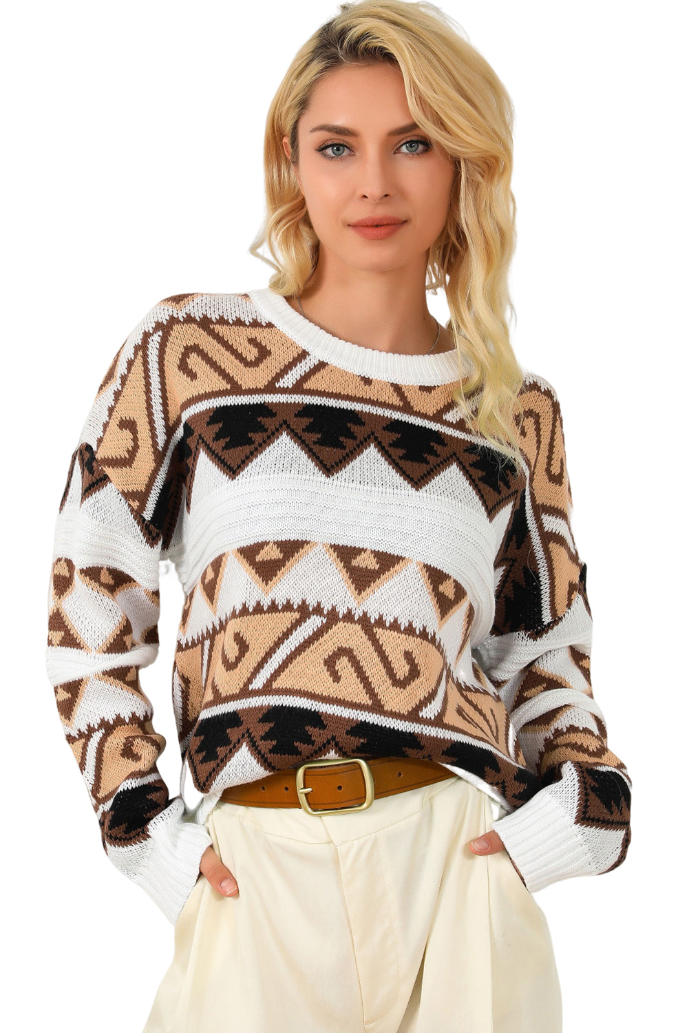Večbarvni pulover z okroglim izrezom in z okroglim izrezom na ramenih