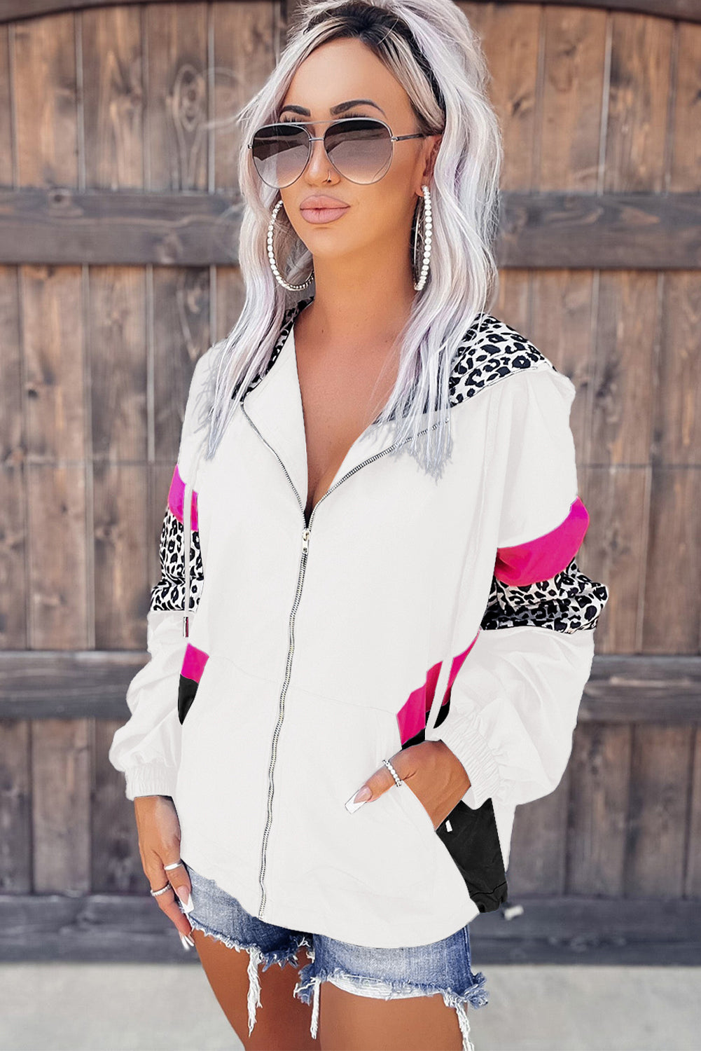 Veste à capuche zippée à poches color block léopard blanc