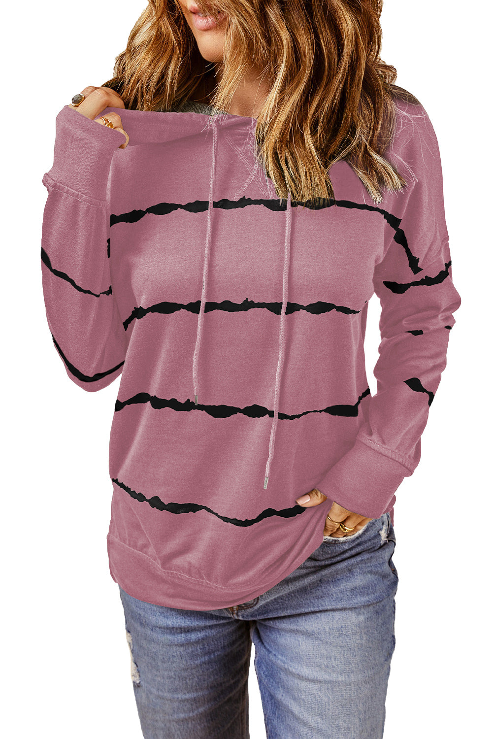 Pink Tie-dye Striped Drawstring Hoodie with Side Split Tops