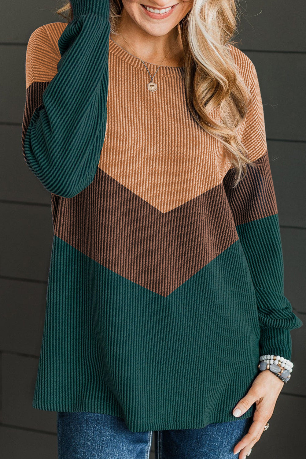 Black Color Block Corded Texture Long Sleeve Top