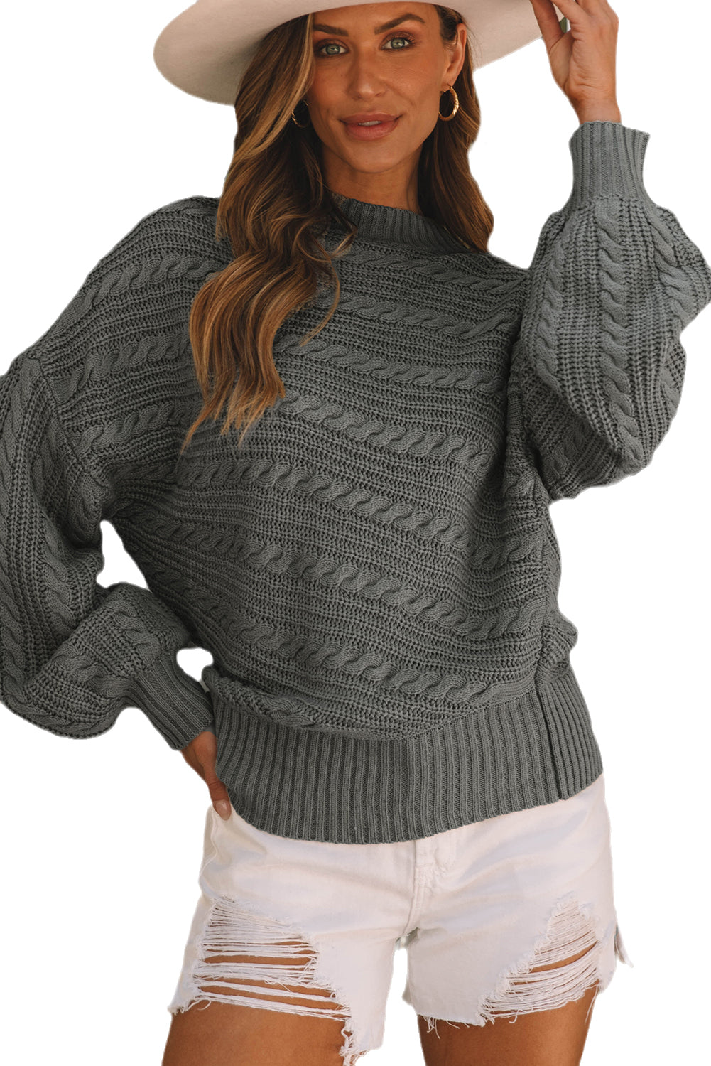 Crnozeleni pleteni pulover s lažnim ovratnikom i lanternastim rukavima