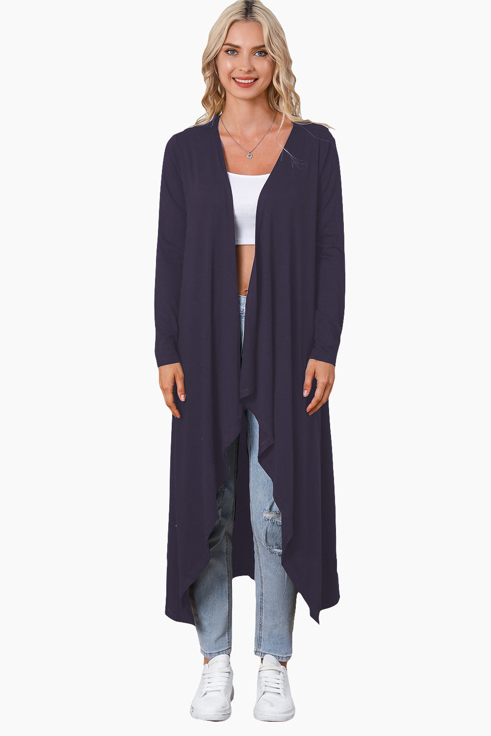 Cardigan long drapé noir ouvert sur le devant