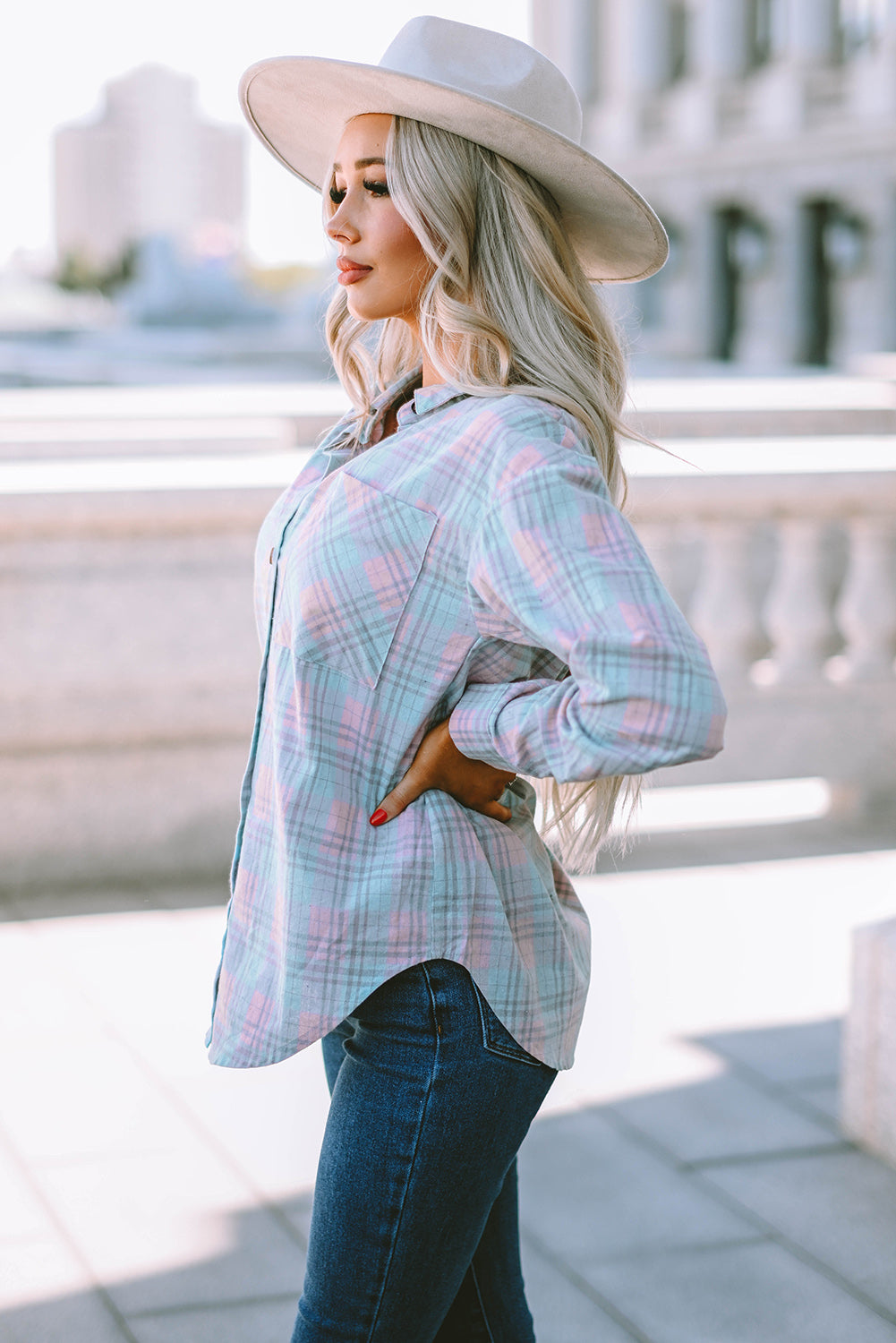 Pink Collared Neckline Plaid Pattern Long Sleeve Shirt