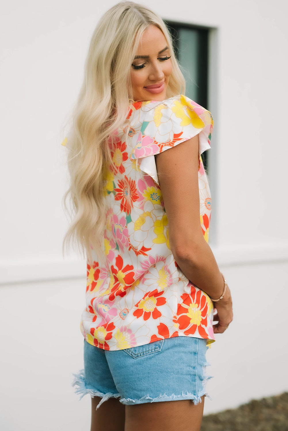 Purple Multicolor Stand Collar Flutter Sleeves Floral Top