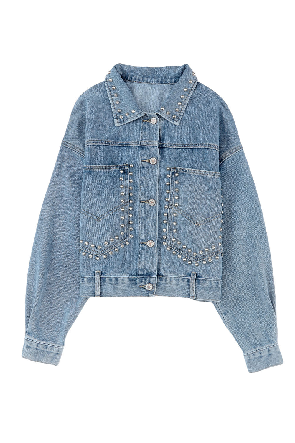 Sky Blue Rivet Studded Pocketed Denim Jacket