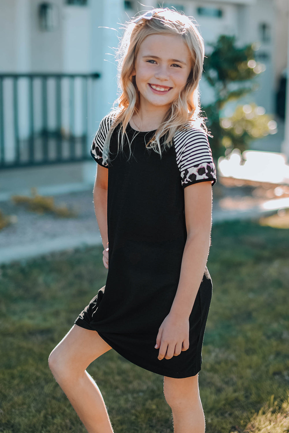 Gray Leopard Striped Splicing Twist Knot Kids Dress