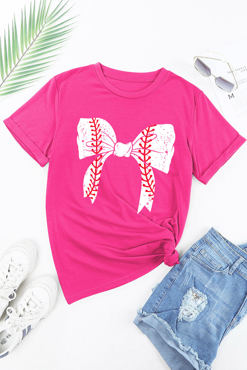 Rosarotes Baseball-Bowknot-Grafik-Freizeit-T-Shirt