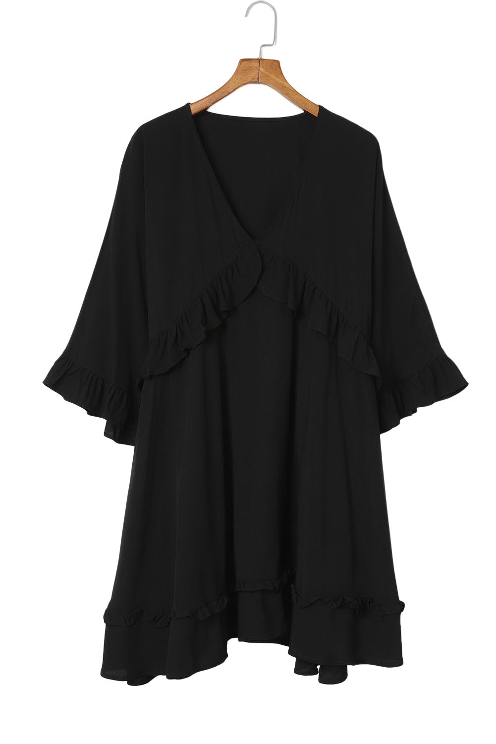 Crna Babydoll mini haljina s naborima 3/4 rukava i V izrezom
