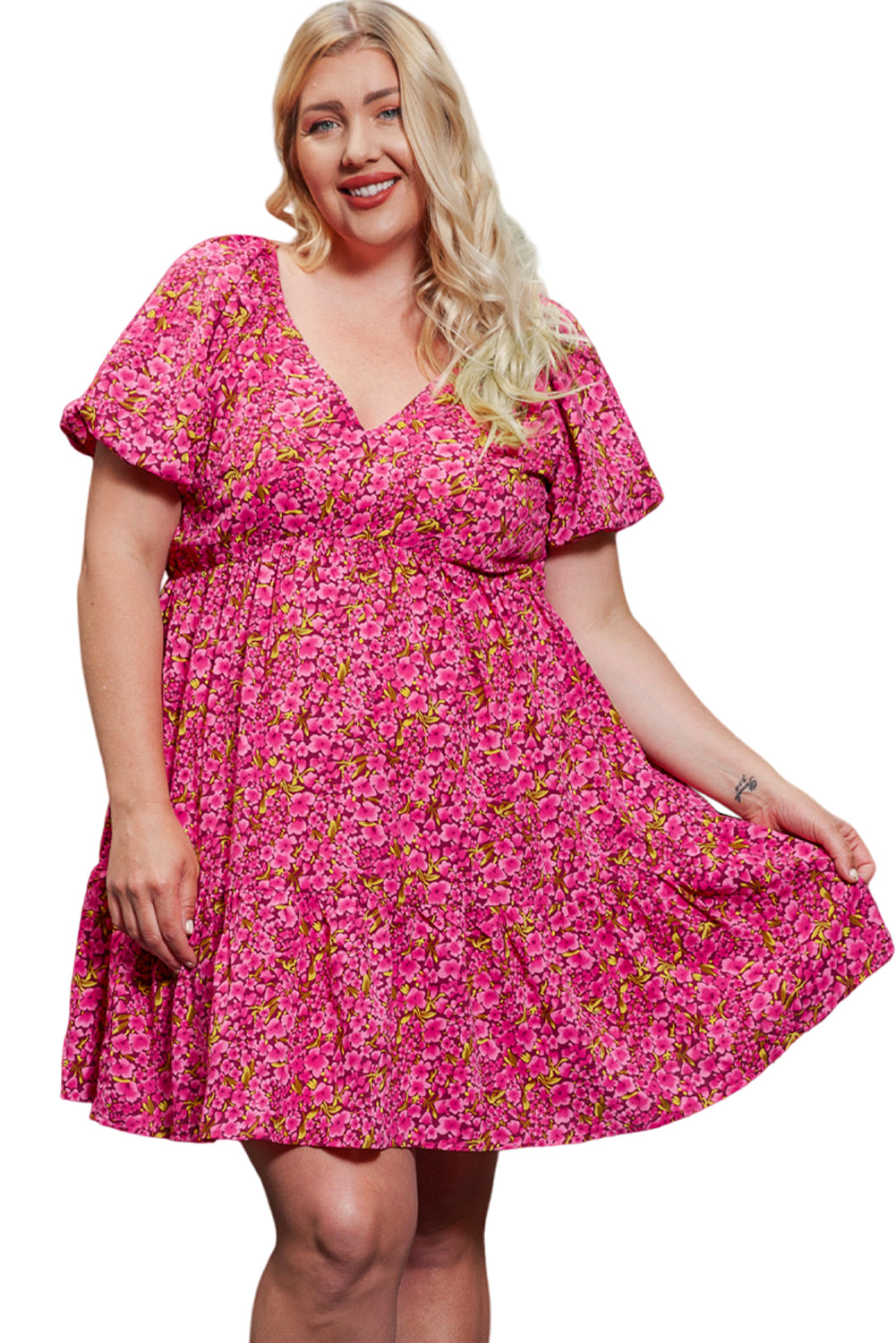 Rose Plus Size Floral V Neck Babydoll Dress