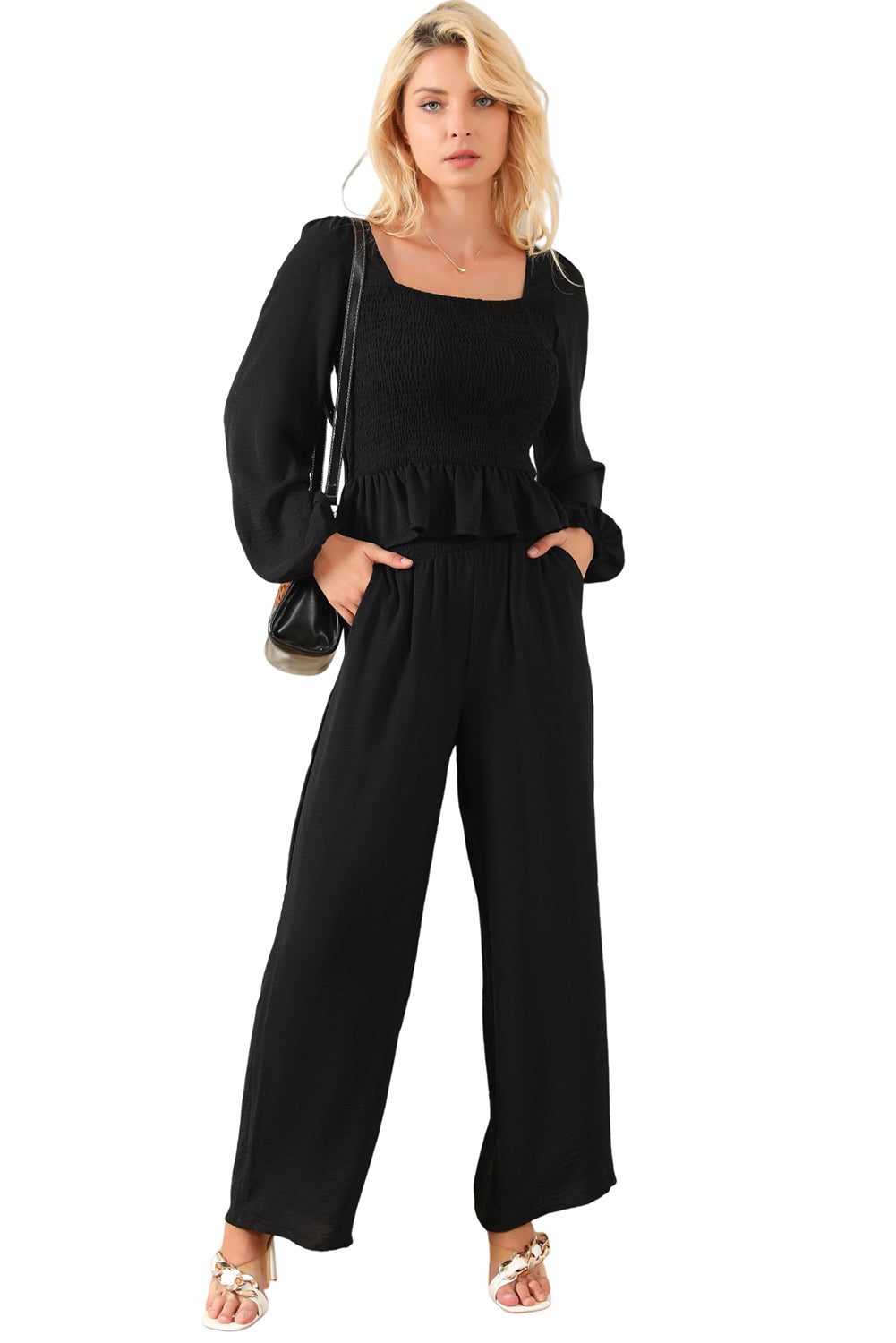 Black Square Neck Smocked Peplum Top and Pants Set