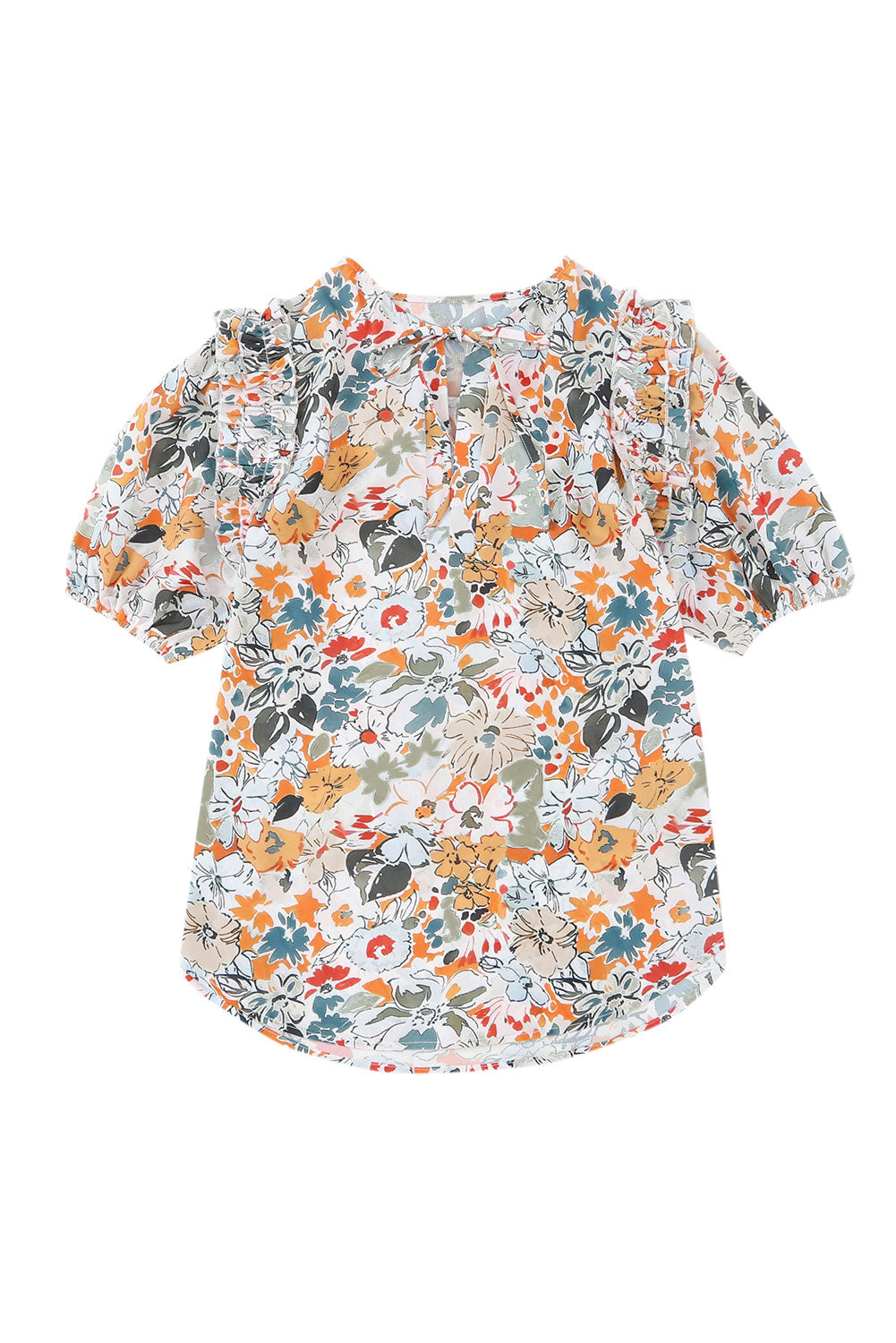 Mehrfarbige Bluse mit geteiltem V-Ausschnitt, Puffärmeln und Blumenmuster