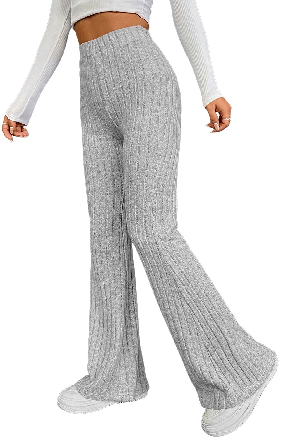 Pantalon évasé côtelé taille haute de couleur unie gris