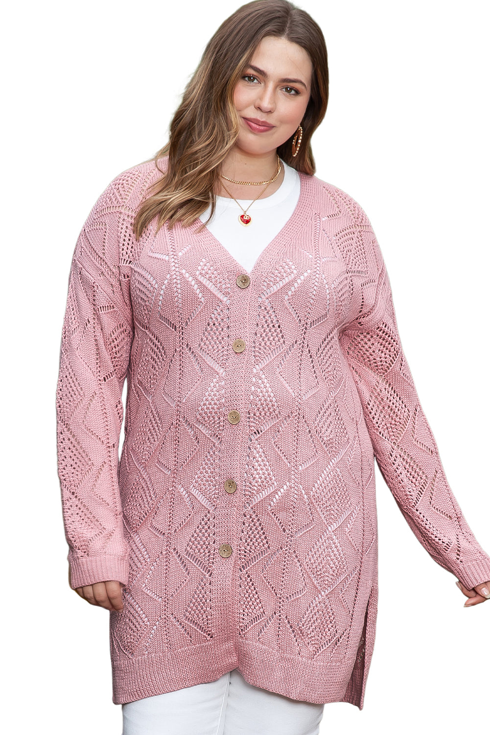 Cardigan boutonné en tricot ouvert rose grande taille