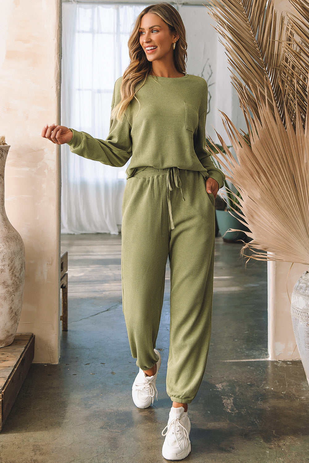 Set da jogging Laurel Green Waffle Knit a maniche lunghe con coulisse