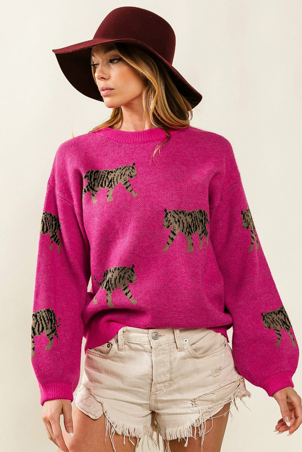 Pull tricoté décontracté à motif animal féroce rose rouge