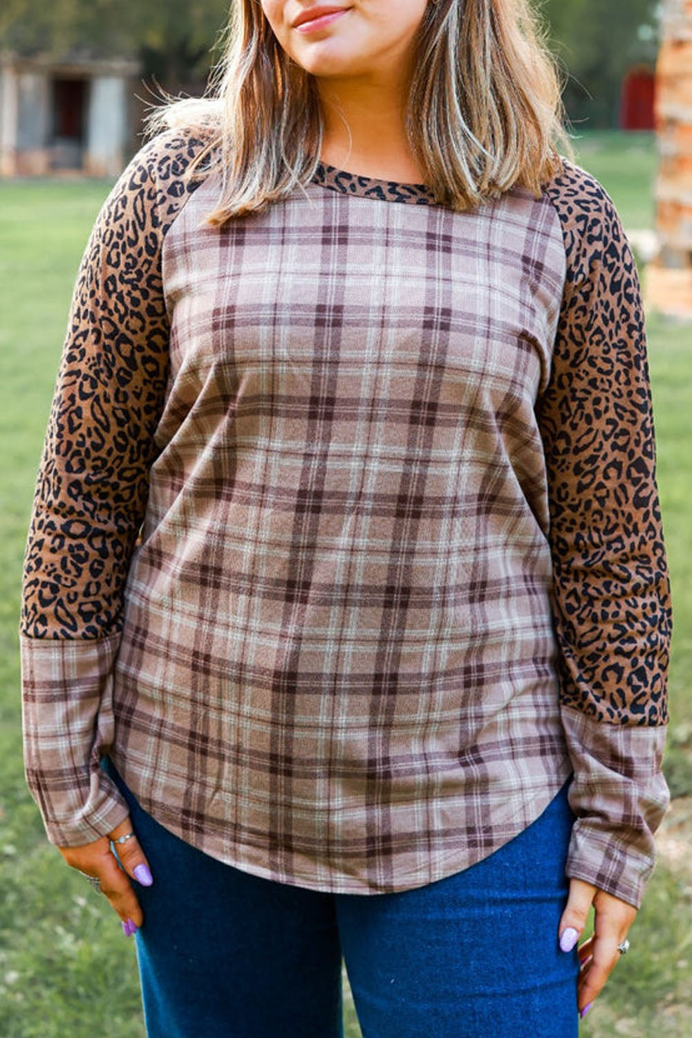 Chestnut Plus Size Leopard Raglan Sleeve Plaid Top