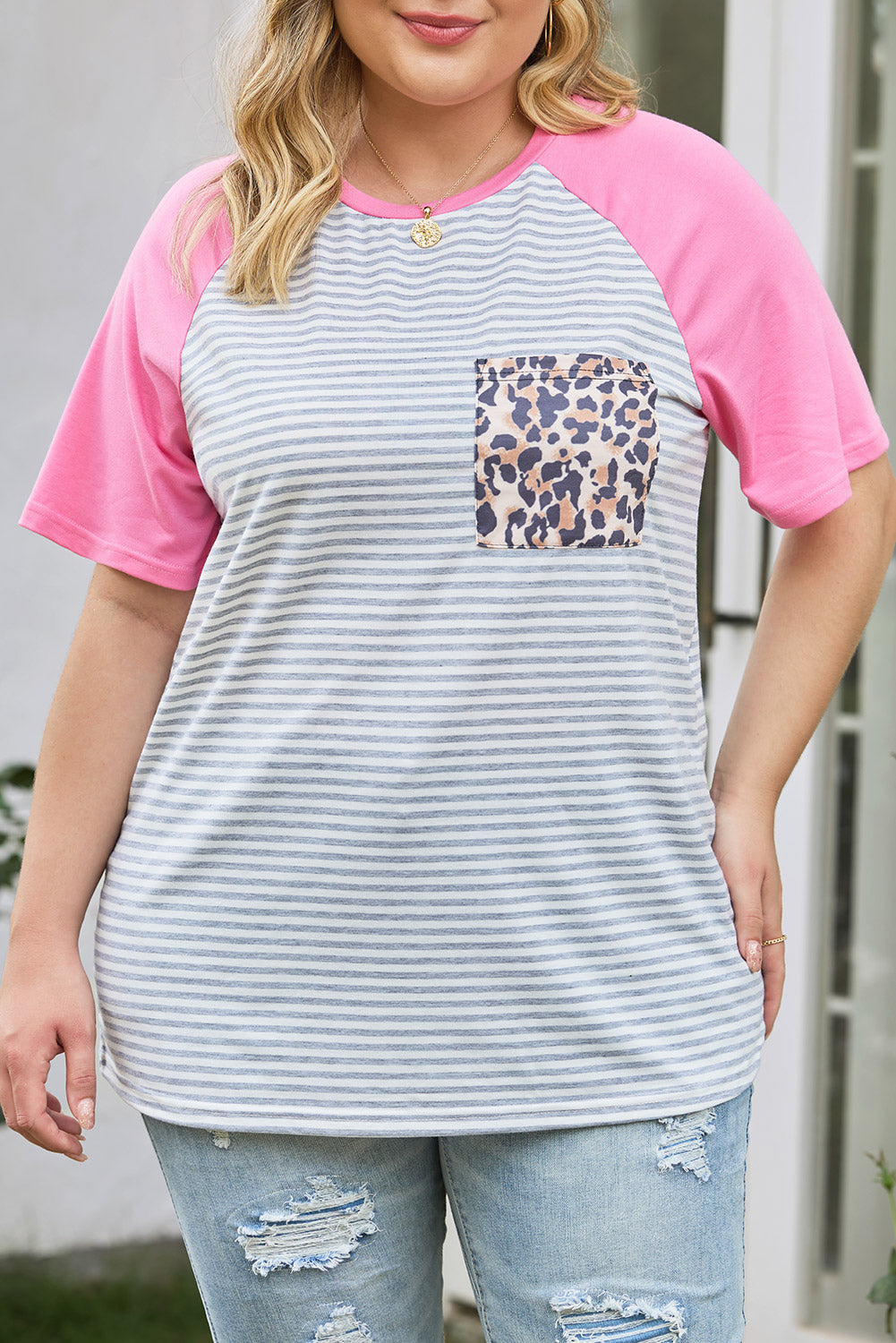 T-shirt Léopard à Rayures avec Poche Plaquée de Grande Taille à Manches Raglan
