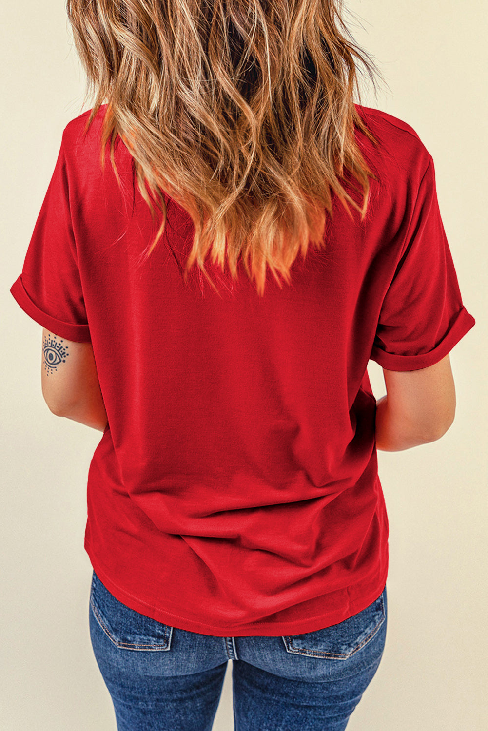 Rose Red Casual Plain Crew Neck Tee