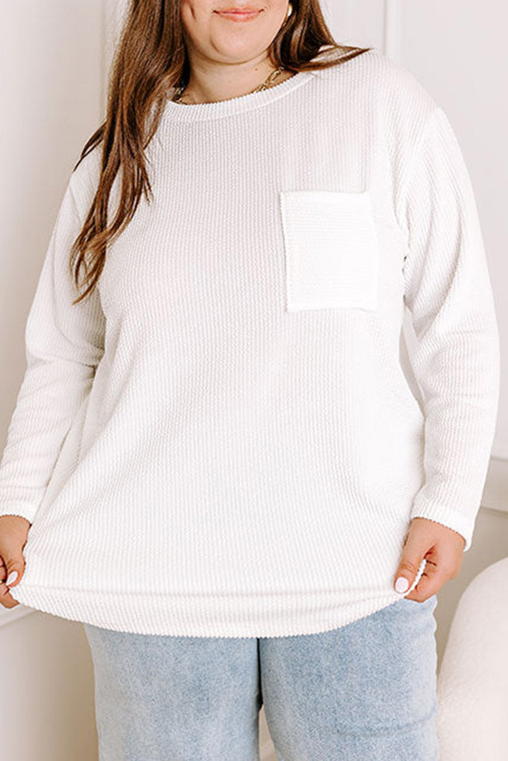 White Plus Size Ribbed Textured Long Sleeve T Shirt