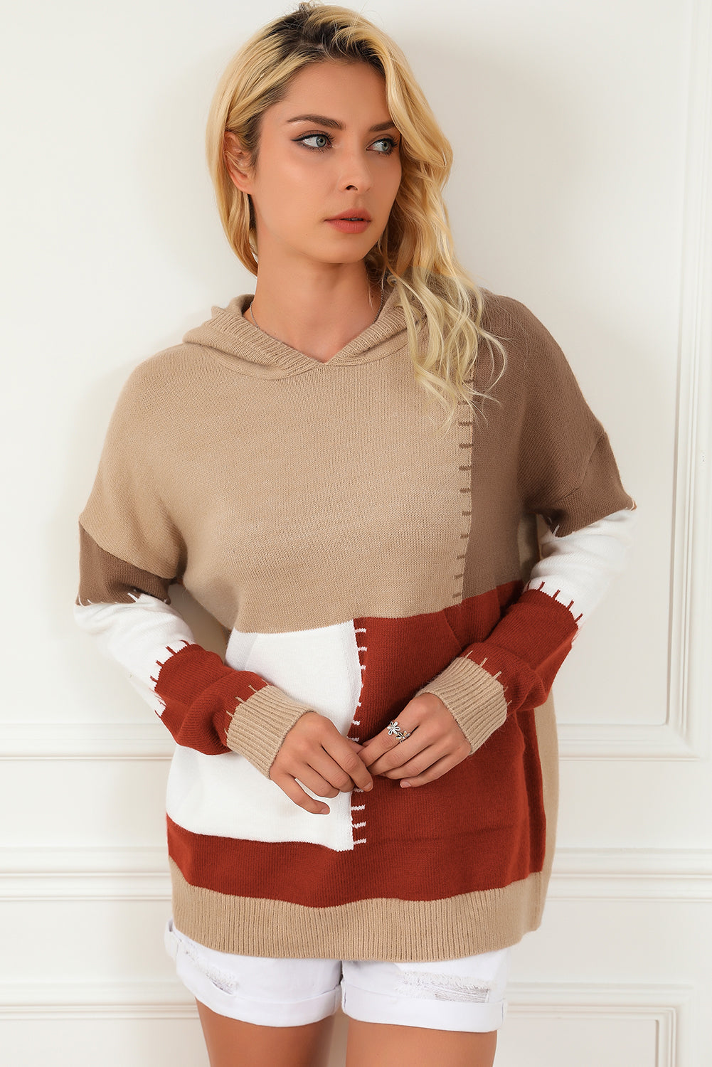 Brown Color Block Kangaroo Pocket Hooded Sweater