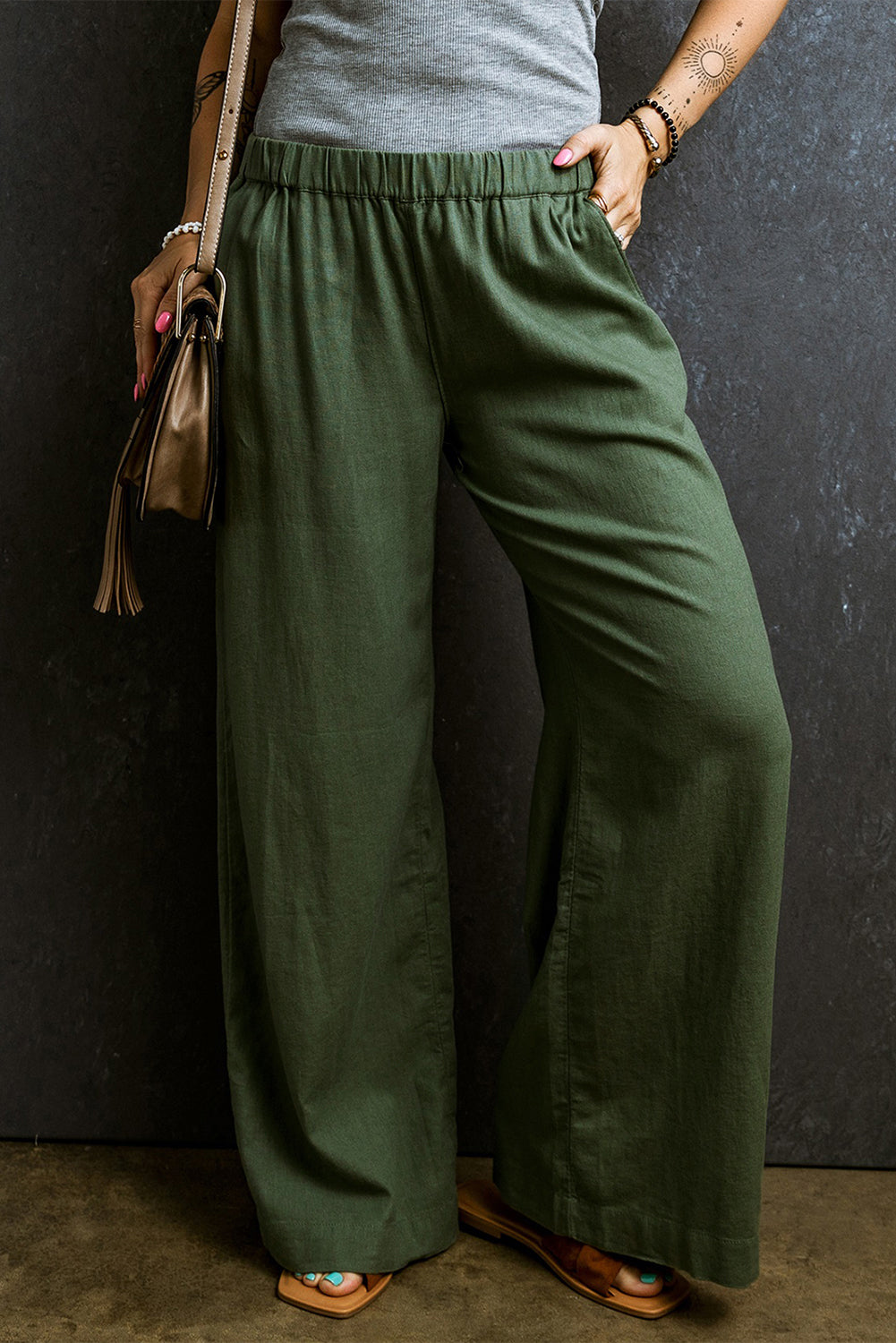 Pantaloni larghi casual in vita elastica verde felce