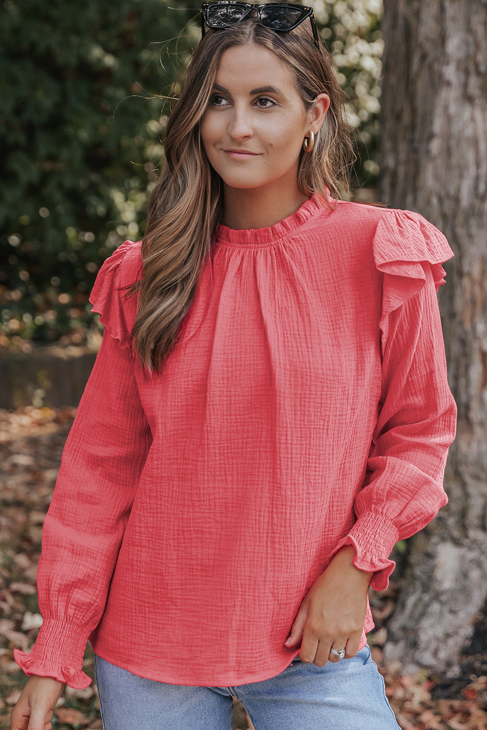 Rose Crinkled Textured Ruffled Puff Sleeve Blouse