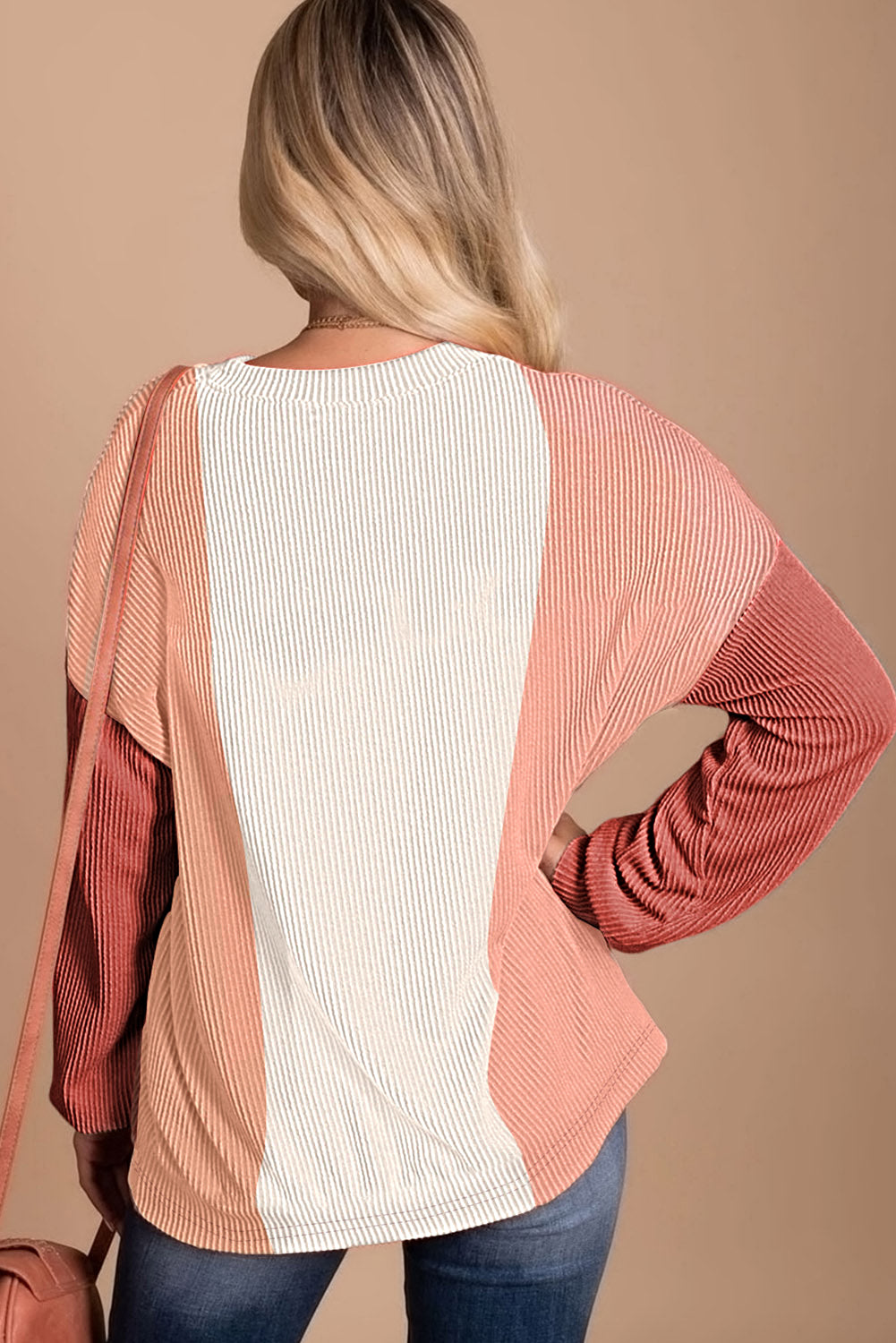 Pale Chestnut Color Block Corded Long Sleeve Top