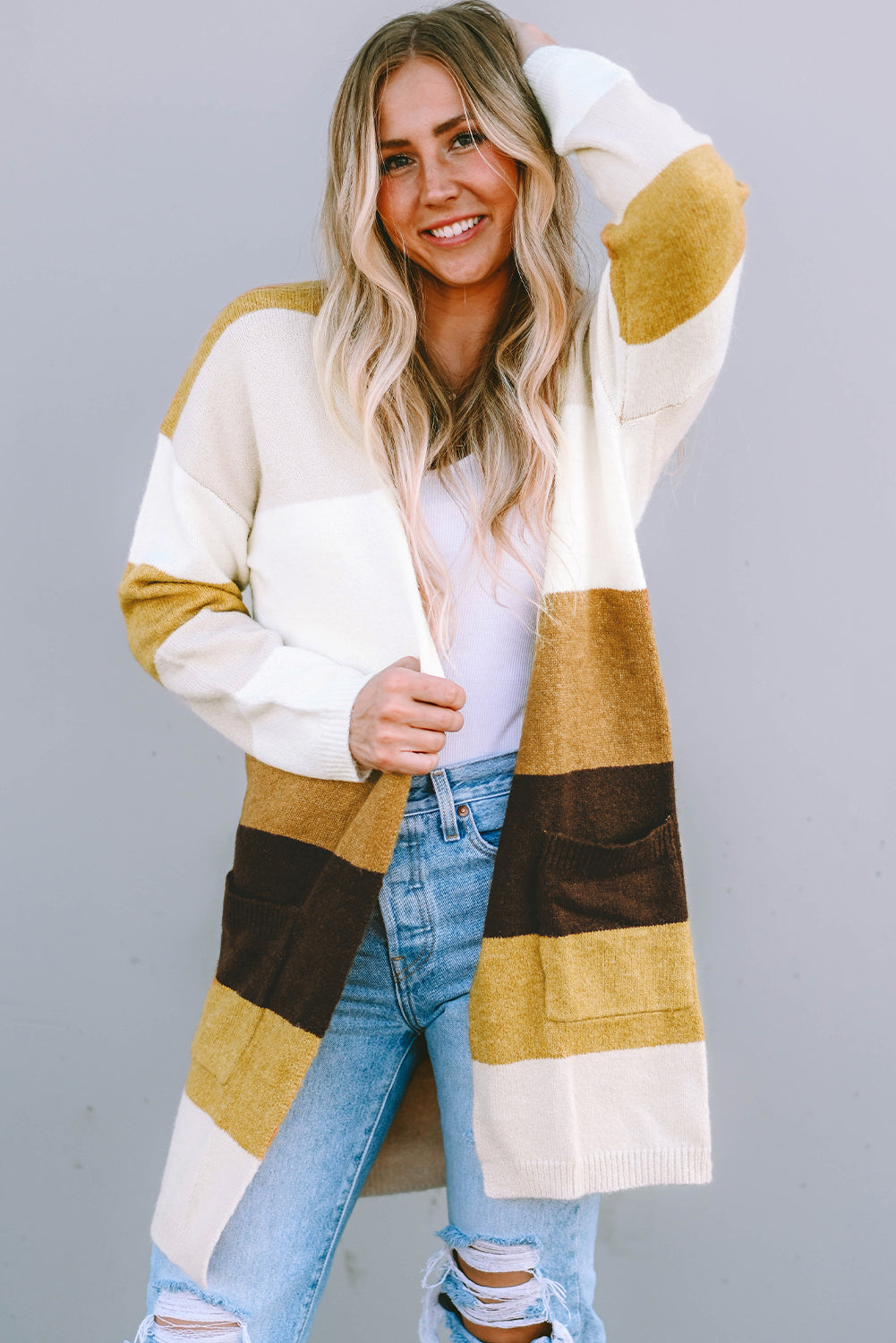 Stripe Colorblock Open Front Pocketed Cardigan
