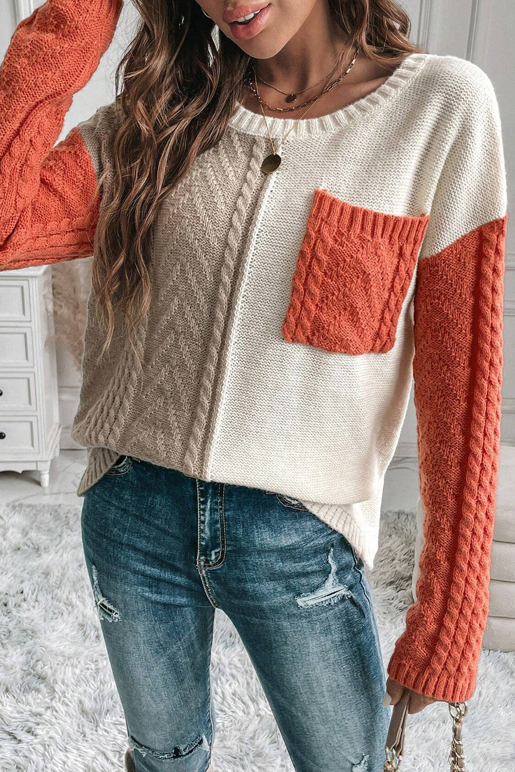 Gold Flame Colorblock-Pullover mit aufgesetzten Taschen und überschnittener Schulter