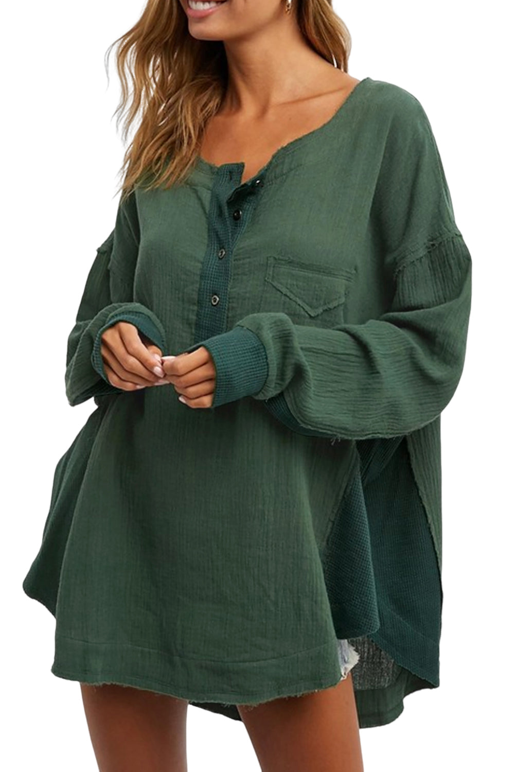 Zelena teksturirana ohlapna bluza z ovratnikom, pleteno v obliki vaflja