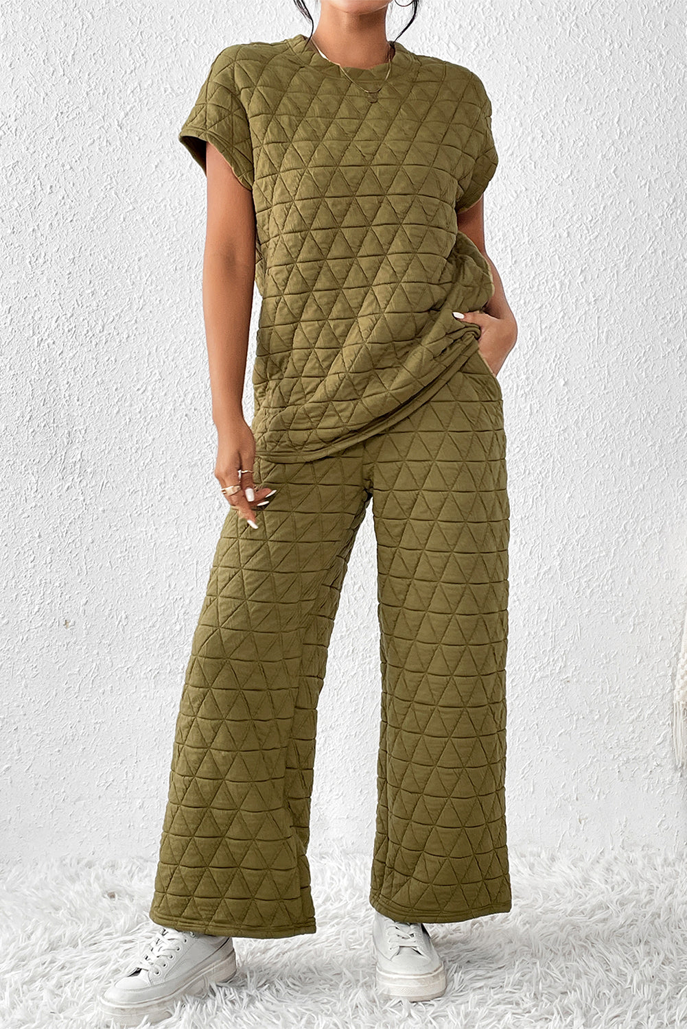 Ensemble pantalon large matelassé vert sauge à manches courtes