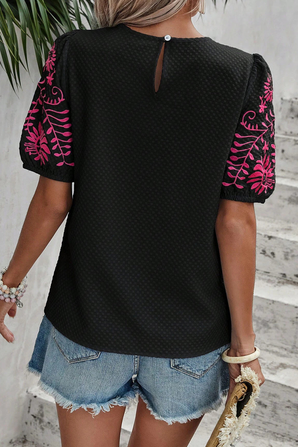 Black Floral Embroidered Textured Puff Sleeve T Shirt