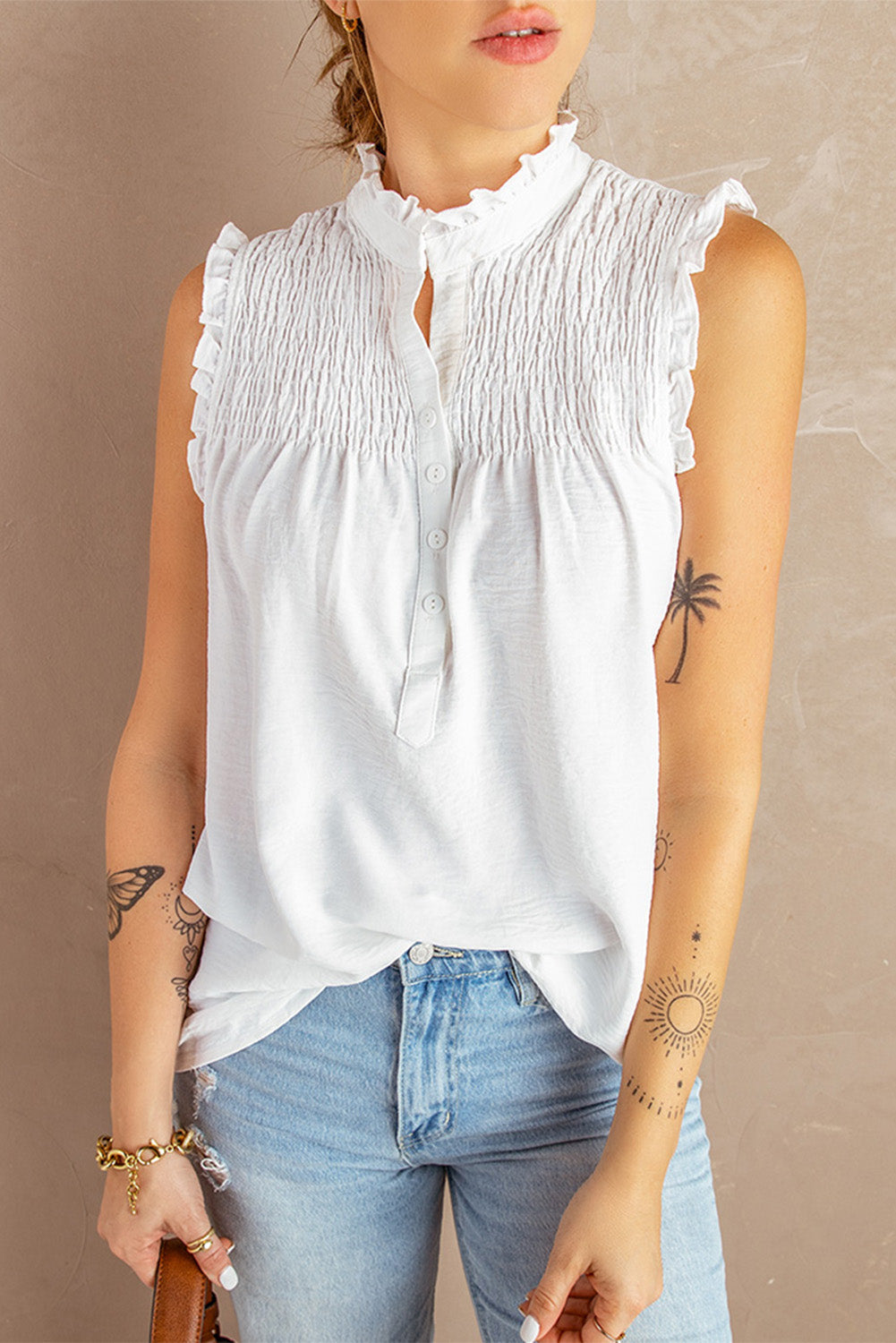 White Frilled Tank Top with Buttons