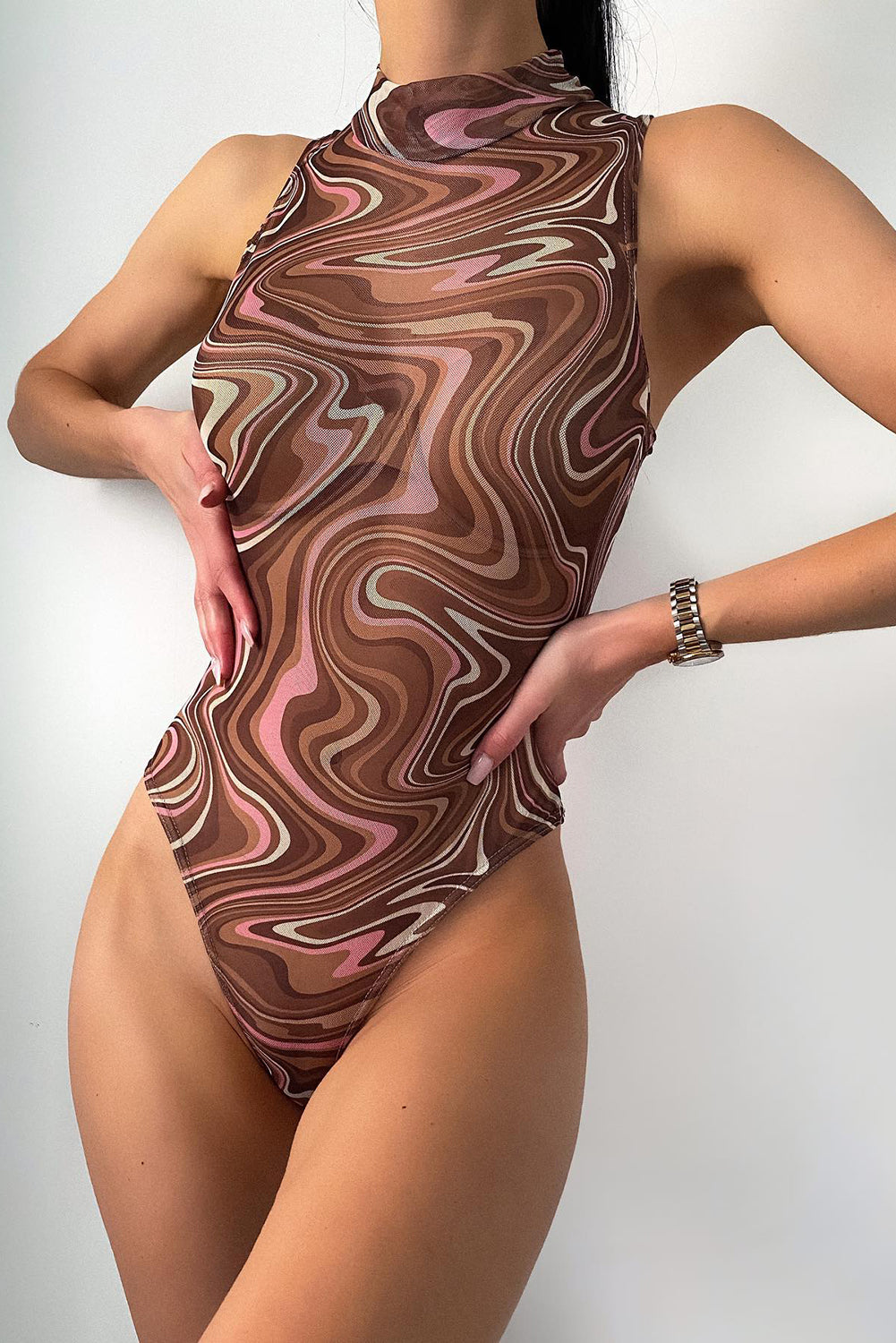 Brown Abstract Swirl High Neck Mesh Sleeveless Bodysuit