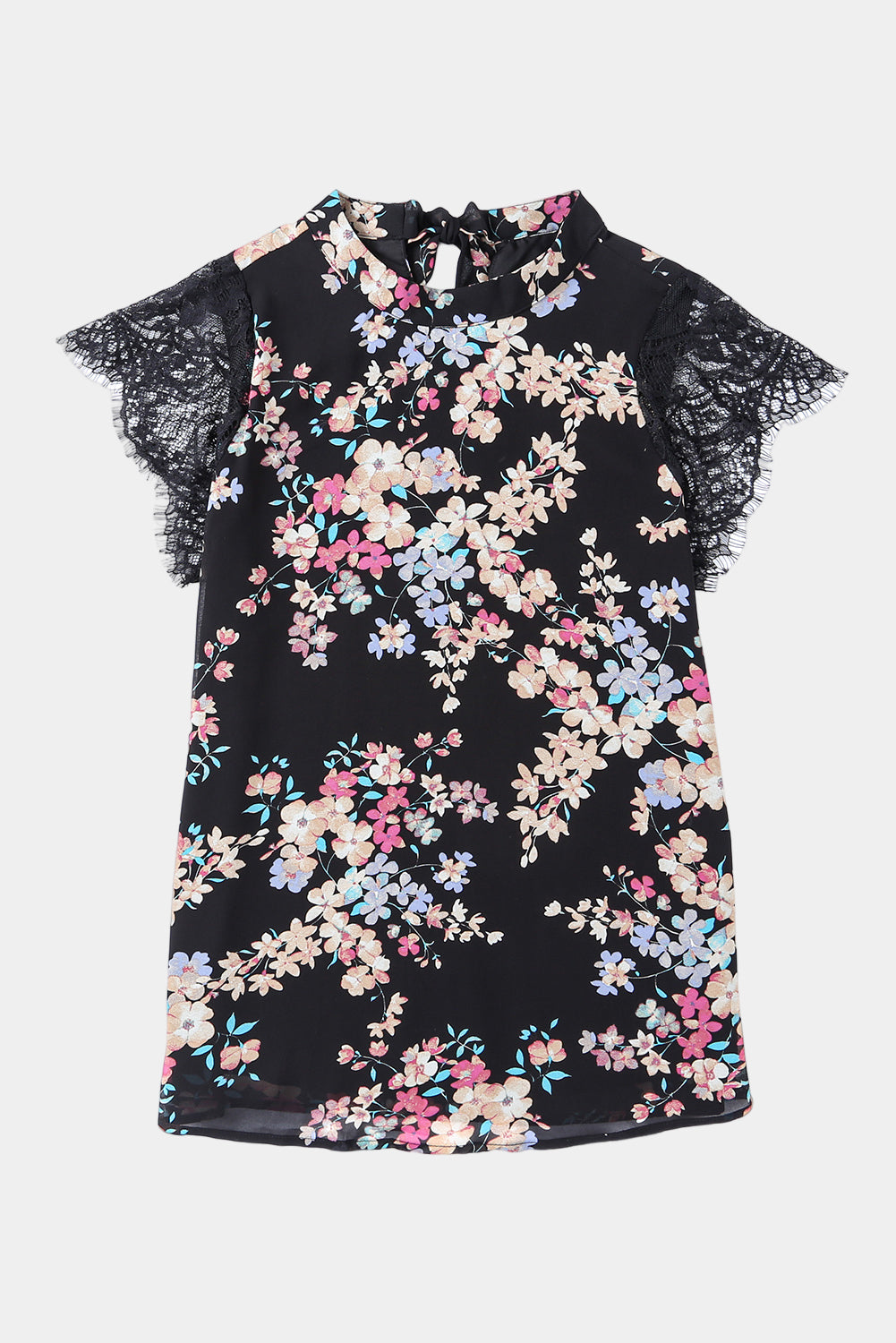 Crna elegantna bluza s čipkastim rukavima s cvjetnim printom