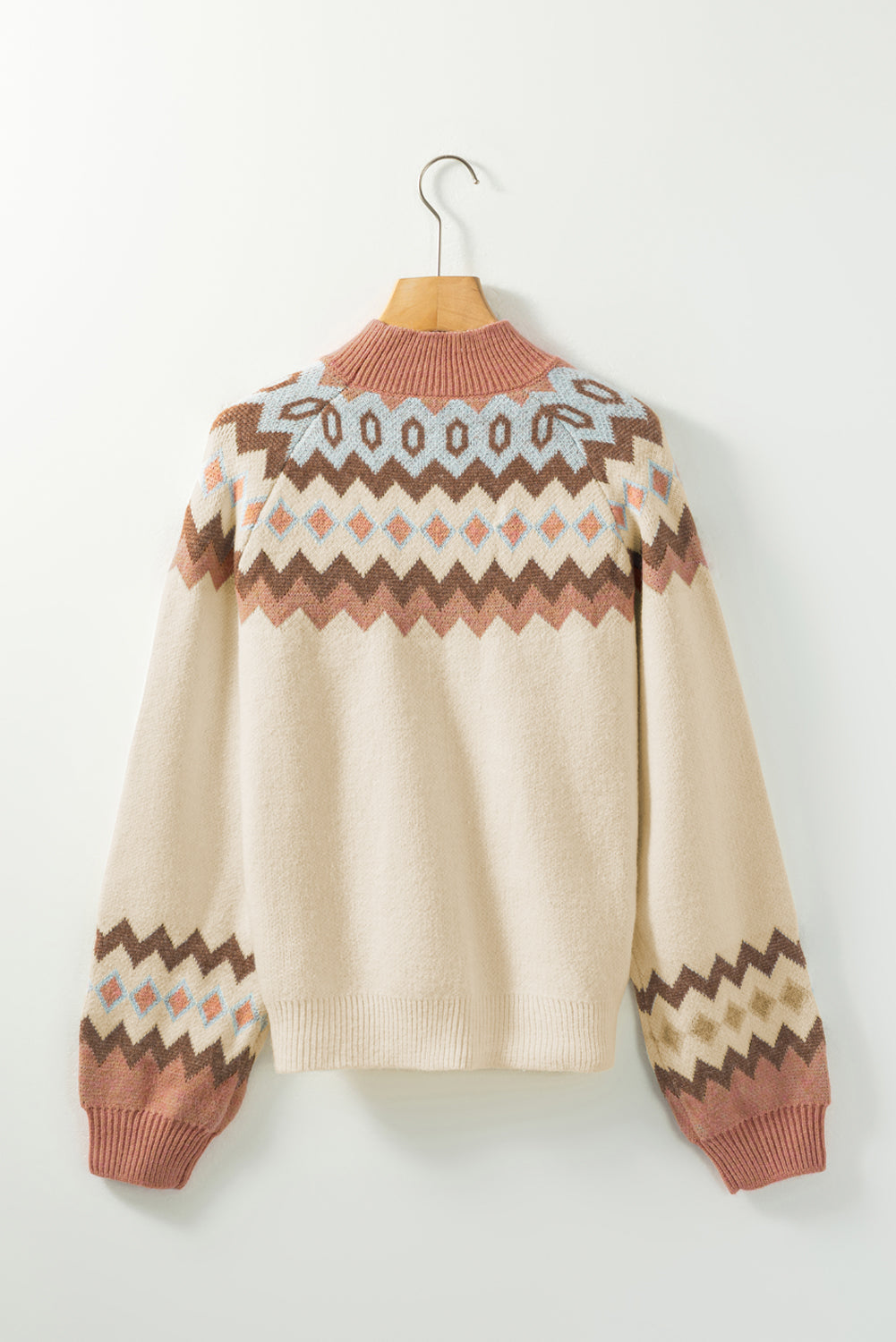 Khaki Geometric Pattern Ribbed Trim High Neck Sweater
