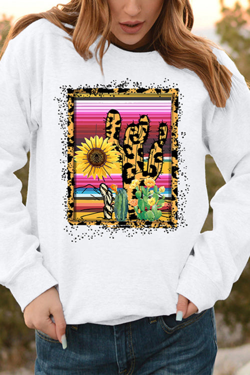 Pullover-Sweatshirt mit Rundhalsausschnitt und Leoparden-Kaktus-Blumendruck