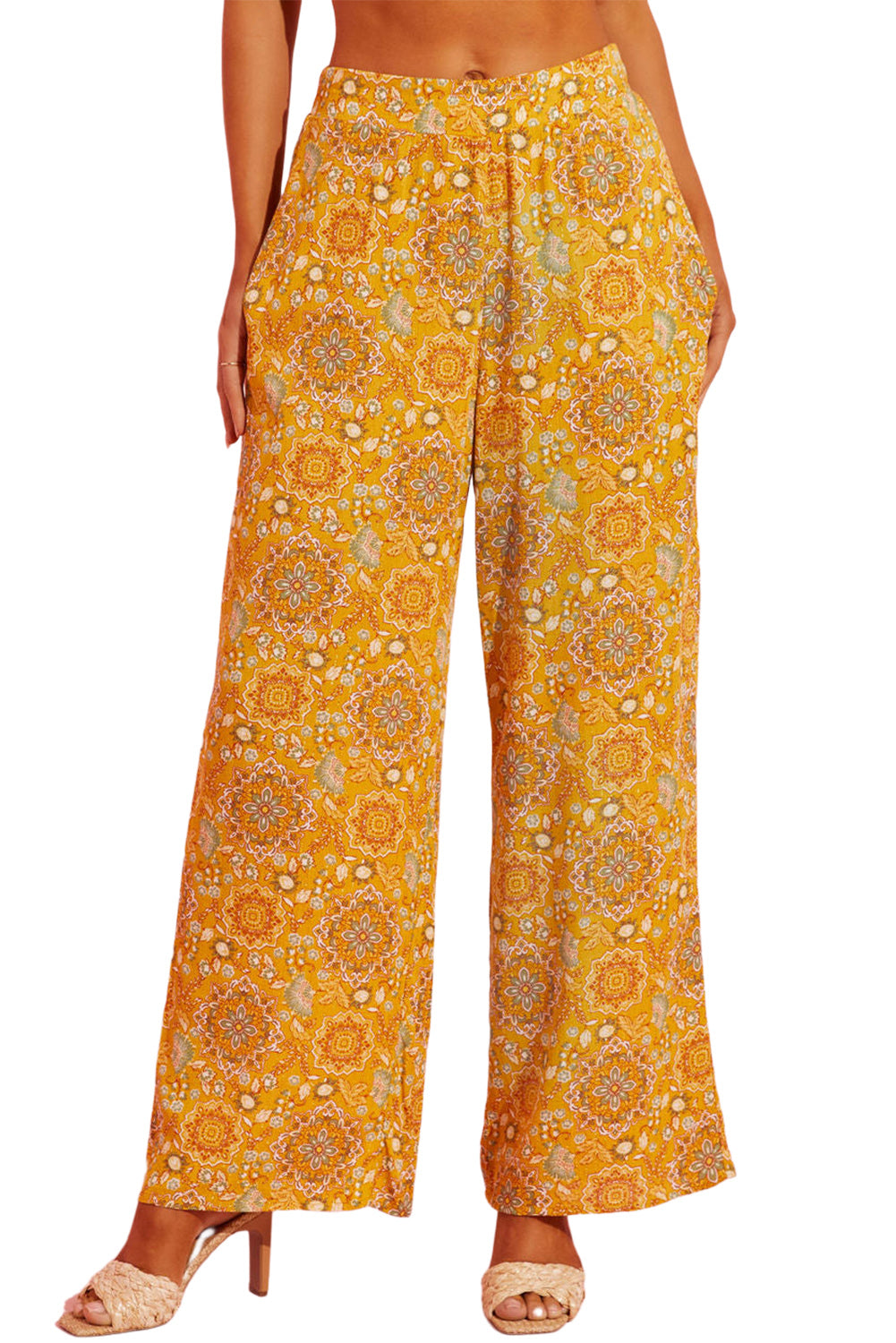 Rumene široke hlače z žepi v boemskem cvetličnem vzorcu