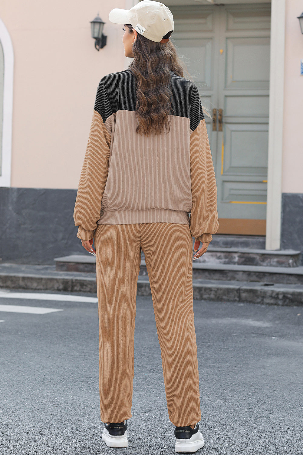 Completo pullover e pantaloni colorblock 2 pezzi con cordoncino kaki