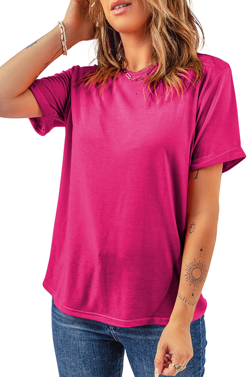 Rosarotes, lässiges, schlichtes T-Shirt mit Rundhalsausschnitt